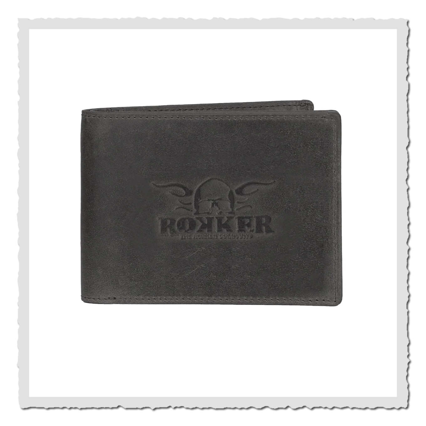 Geschlossene schwarze Leder-Geldbörse mit Rokker-Prägung, frontal fotografiert, freigestellt auf weißem Hintergrund.